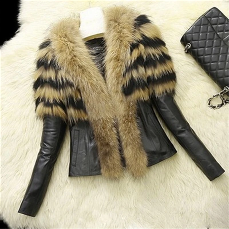 New Winter Big Size Women Faux Fur Streetwear Female Leather Jacket Slm Patchwork Fur Cardigan Large size Women Costumes J633