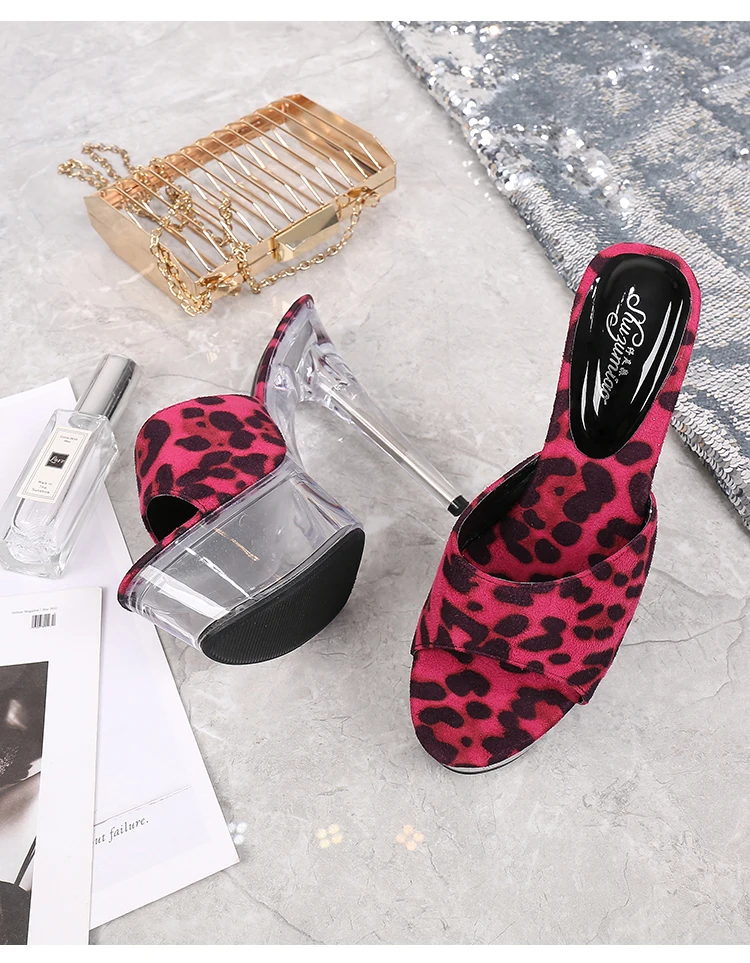 Shoes Woman New Platform Slippers Transparent Crystal Leopard High Heels 15cm Waterproof Shoes Big Size Female Slippers