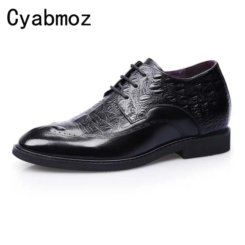 

Men genuine leather shoes luxury brand Height increasing 7CM Crocodile pattern business Dress Shoe Bullock carved Wedding Shoes