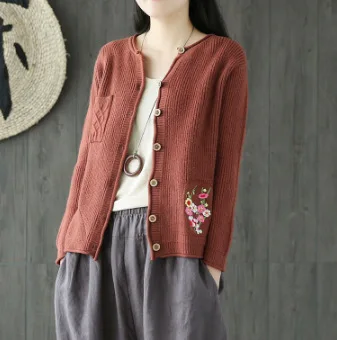 Literature Emboridery Floral Pocket Knitted Cardigans Autumn Outerwear Long Sleeve Single Breasted Womens Sweaters Vintage Pull |