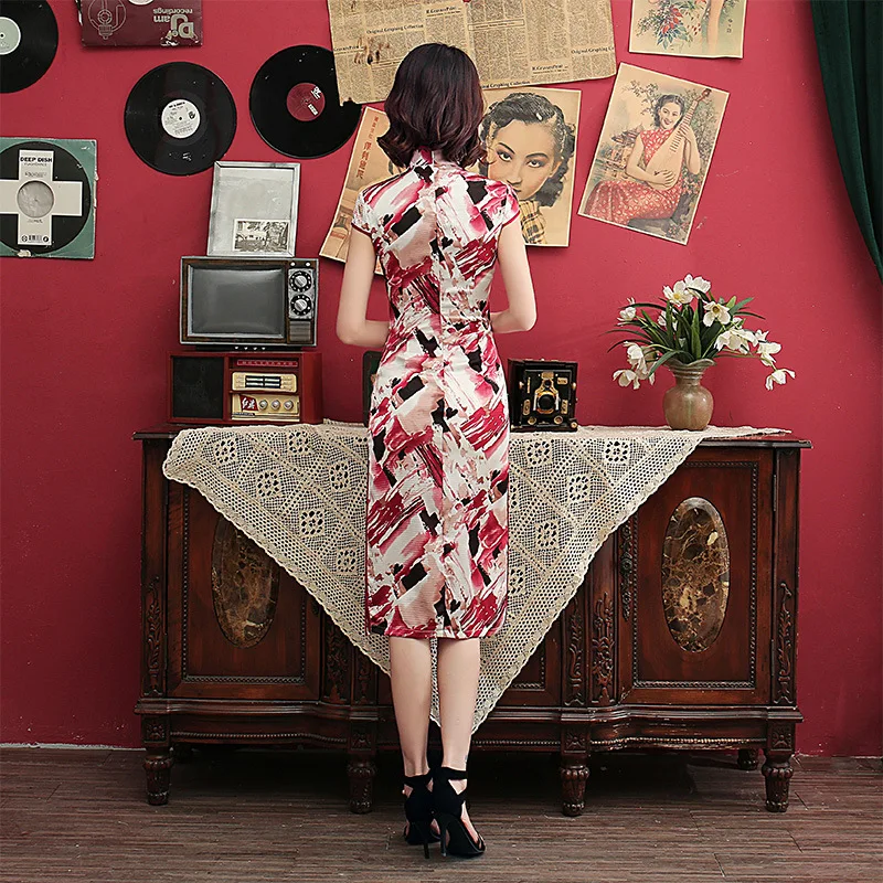 

Noble Sexy Ladies Cheongsam 2019 Summer Chinese style Mandarin Collar Knee Length Dress Womens Qipao Slim Party Dresses Vestido