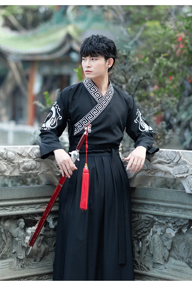 Hanfu мужской черный китайский костюм традиционный Древний Династия Цин мужской сценический наряд Национальный фольклор шоу одежда DNV11617
