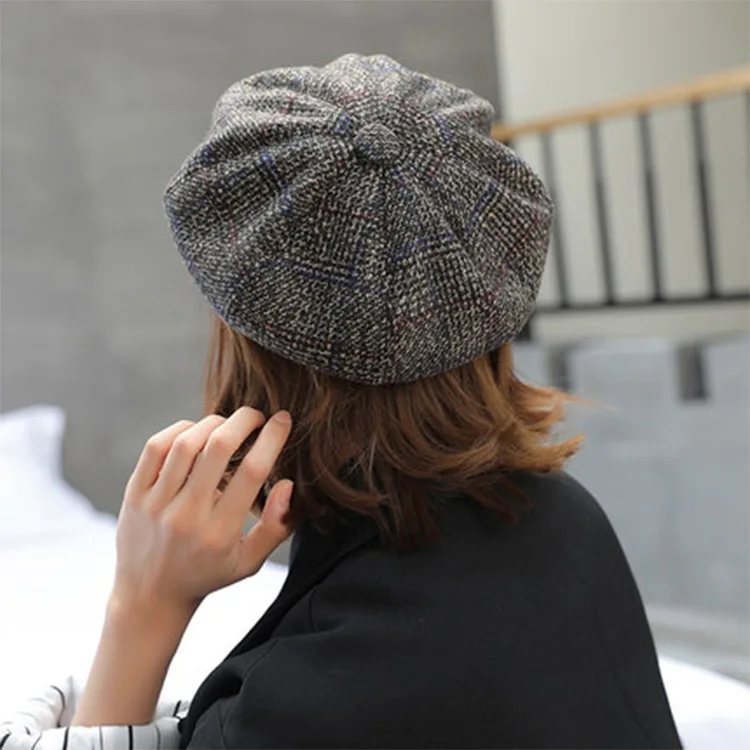 New Fashion Autumn Winter Beret hat Women Ladies Octagonal Newsboy Cap Female Vintage Plaid Artist Painter Beret Hat