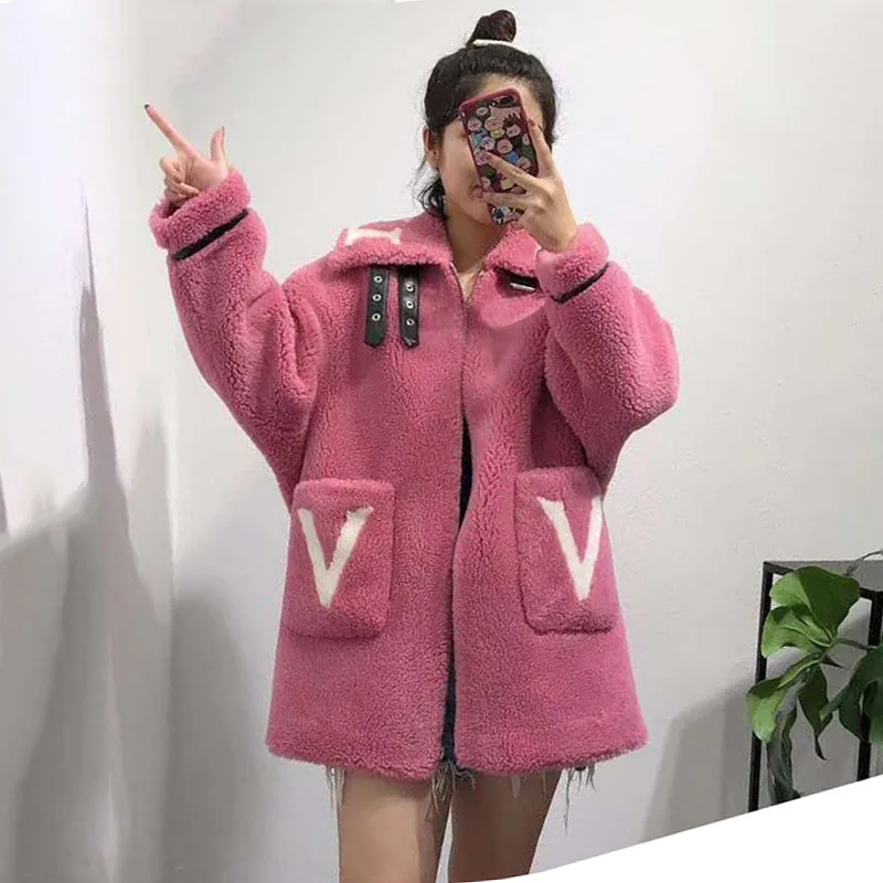women winter jacket new female sheep fur coat plus size wool blends parka real fur Moto& Biker pink clothes Letter Pattern