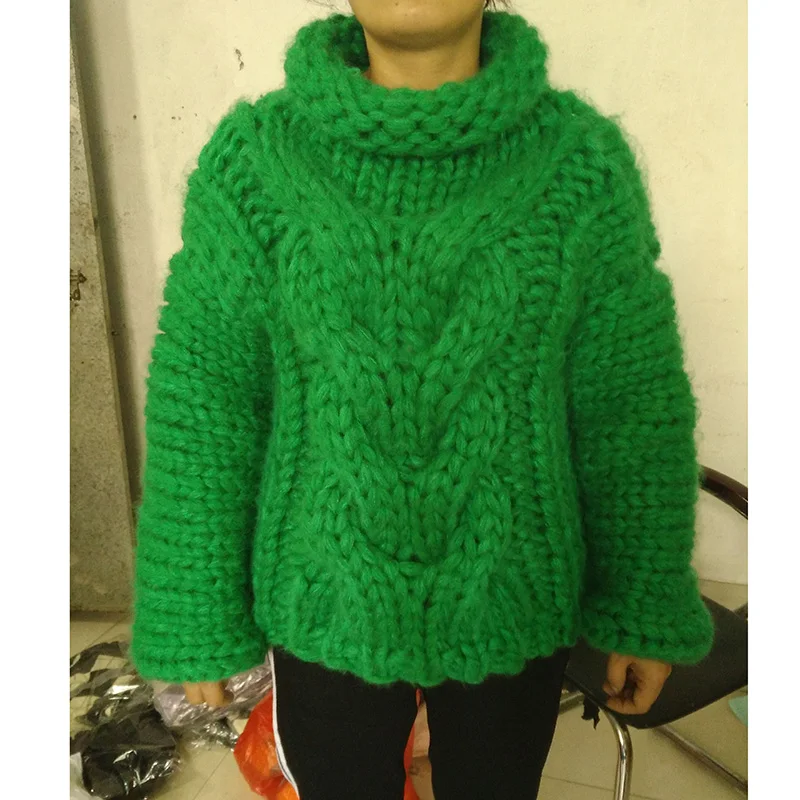 Autumn Women Thick Warm High-necked Long sleeve pullover sweater 2018 Fashion design Pure Hand-made Green Sweater coat | Женская одежда