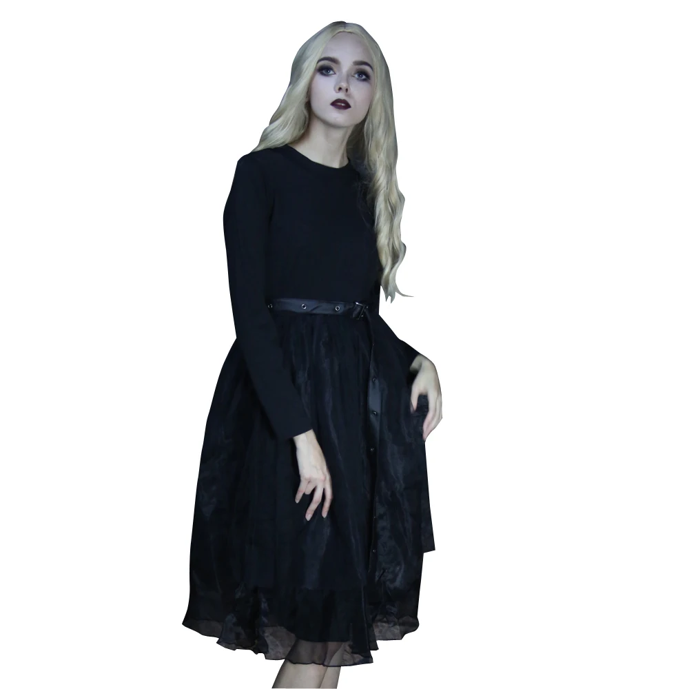 

New Devil Fashion Women's Dresses Dark Organza Mid-Calf Dresses Slim Fit and Flare Black O-Neck Empire Dresses With Sashes