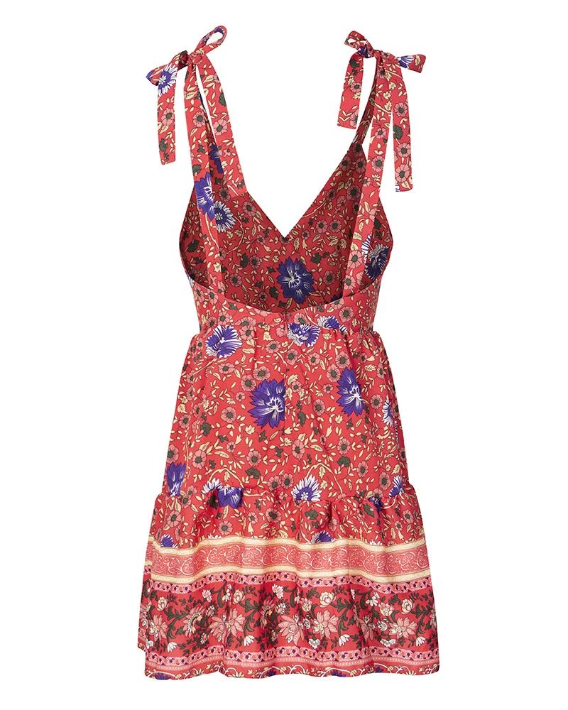 

Sexy Sling V Neck Backless Floral Print Chiffon Mini Boho Dress Summer Women High Waist Beach Holiday Sundress Wrap Vestidos