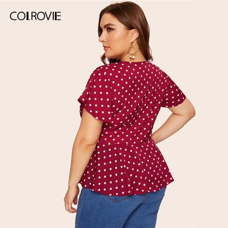 COLROVIE, женская блузка размера плюс с узлом спереди, в горошек, лето, сексуальный глубокий v-образный вырез, короткий рукав, Boho, Женские топы и блузки