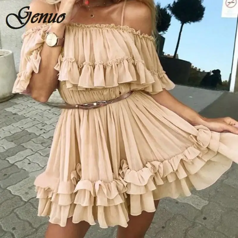 Genuo с открытыми плечами шифоновые летние платья для женщин Плиссированное