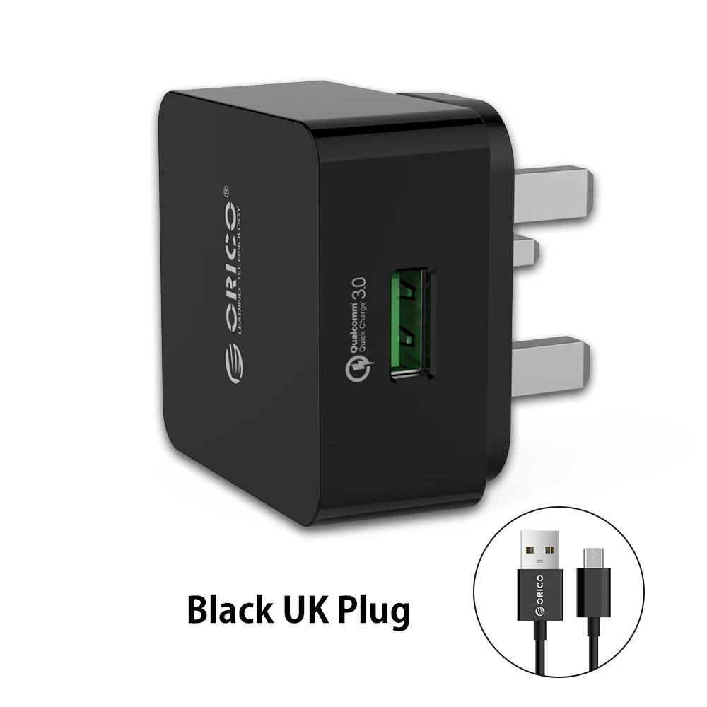 ORICO QC зарядное устройство для телефона Quick Charge 3,0 18 Вт Быстрое USB зарядное устройство для iPhone XS samsung S10+ Xiaomi huawei с бесплатным микро USB кабелем - Тип штекера: Black UK