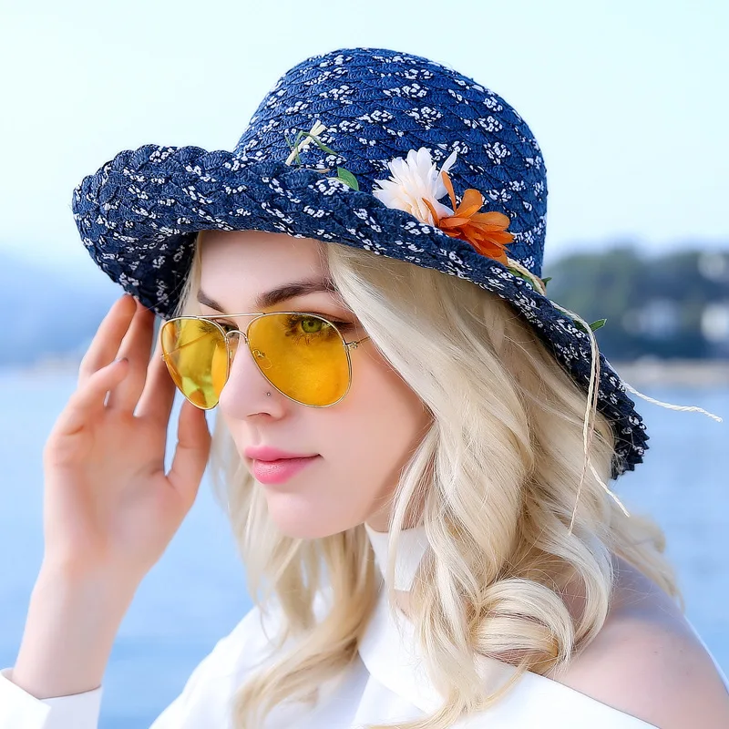 

Lady Flowers Straw Sun Hat Female Summer Beach Sun Cap Wide Brim Flowers Cap All-Match Three-strand Braided Hat B-8535