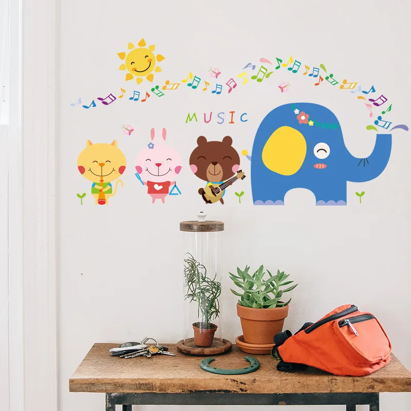 Мультяшные животные Слон Музыкальные нотки Наклейка на стену домашний стикер