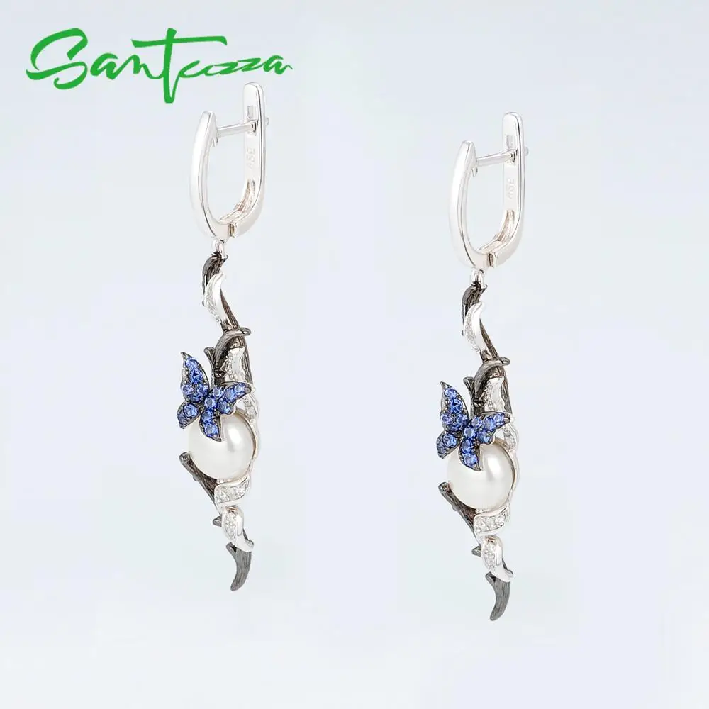 SANTUZZA, серебряные серьги для женщин, 925 пробы, серебряные свисающие серьги, голубая бабочка, пресноводная вода, белый жемчуг, модное ювелирное изделие