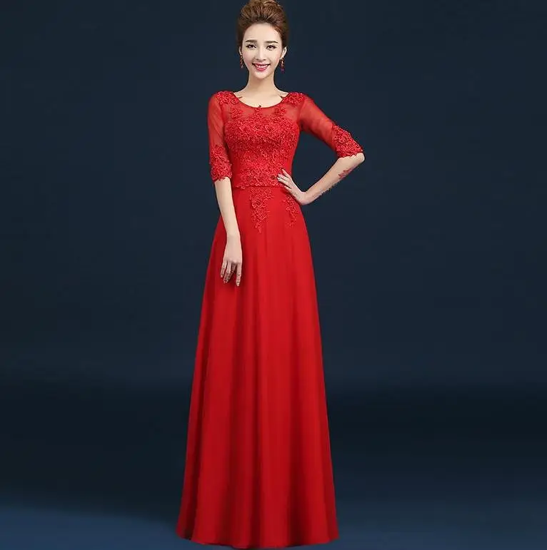 Красный Vestido madrinha2019 новое из кружева, с вырезом на шее шифоновое, с рукавами до локтя линия Бирюзовый Розовый Фиолетовый королевский синий красное платье подружки невесты с длинными - Цвет: Красный