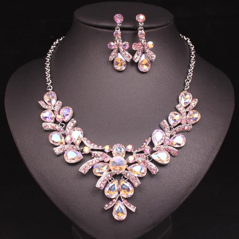 white ab in silver Модные блестящие AB Кристалл индийские Свадебные украшения наборы Свадебная вечеринка позолоченные серьги и ожерелье набор подарки для женщин - Окраска металла: white ab in silver