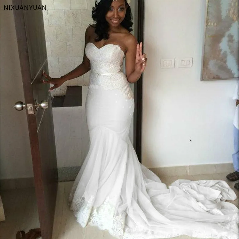 

New Arrival Sweetheart Mermaid Wedding Dresses Long Lace Appliques Crystal Wedding Gowns Court Train African Wedding Dress