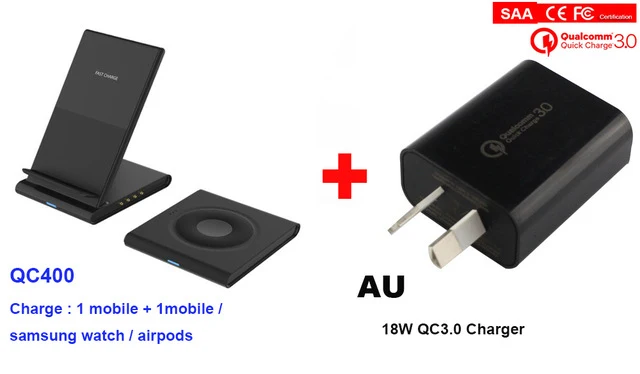QC400 add AU plug Qi магнитное Беспроводное зарядное устройство настольная станция для iPhone 8 XR Зарядка для samsung Galaxy Watch active Buds gear S2 S3 S4 Sport - Тип штекера: QC400 add AU plug