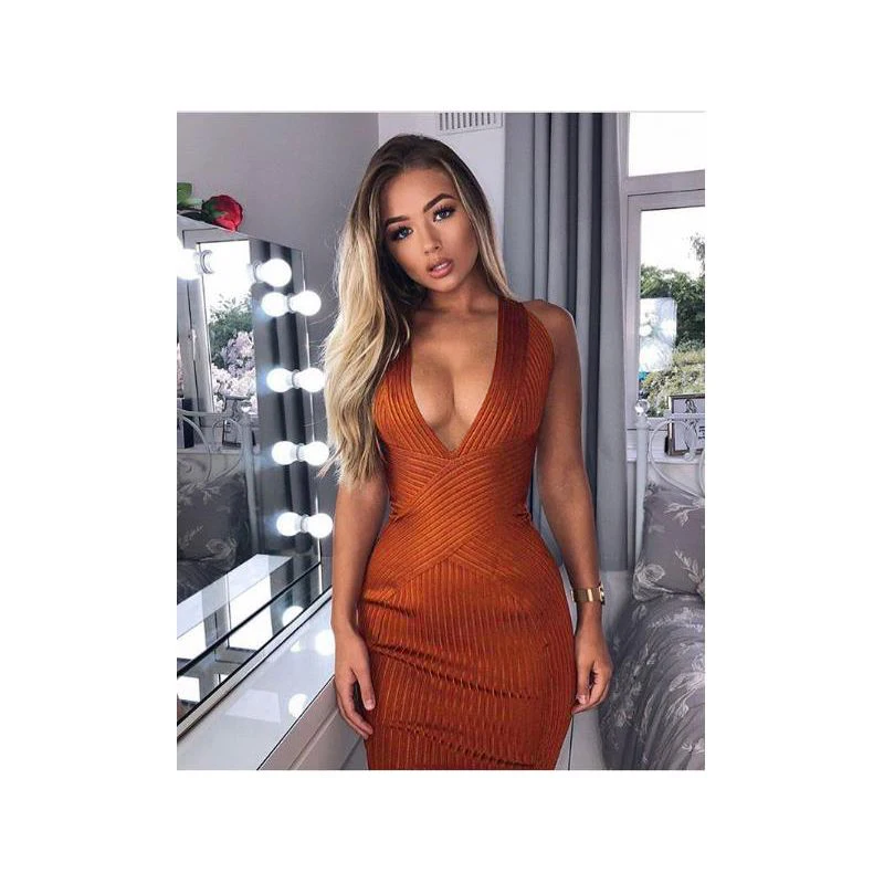 Женское Бандажное платье с глубоким V-образным вырезом коричневое или Красное