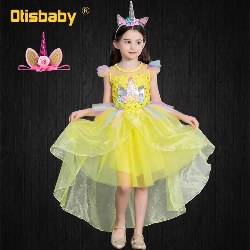 Yellow Set Детское платье с цветочным принтом и единорогом для дня рождения; костюм для девочек на Рождество и год; платье принцессы с длинным шлейфом для девочек; roupa infantil - Цвет: Yellow Set