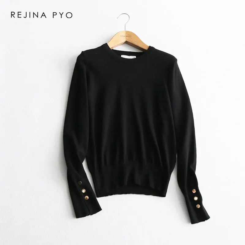 BIAORUINA Women Solid Basic Casual O-neck Knitted Sweater Mental Buttons Decoration Female All-match Everyday Pullovers | Женская одежда