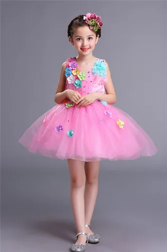 Pink flower Новое платье для танцев с блестками костюм с цветочным рисунком розовые платья принцессы для мальчиков и девочек лохматая газовая балетная пачка для латиноамериканских танцев, детский костюм для выступлений - Цвет: Pink flower