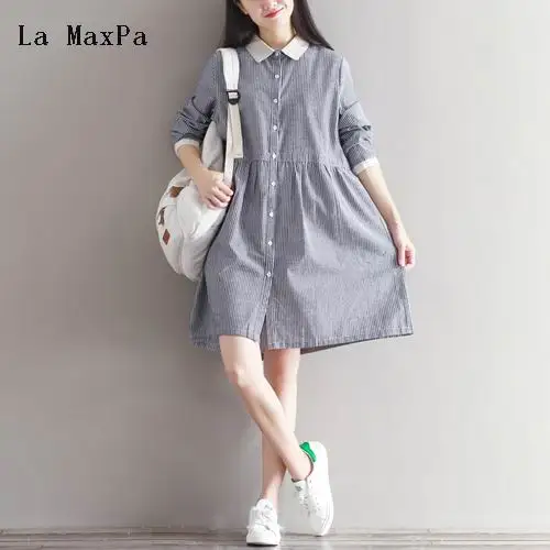 Mori Girl Spring Autumn Striped Dress Pannelled Turn Down Collar Single Breasted Long Sleeve High Waist Pleated Shirt | Женская одежда