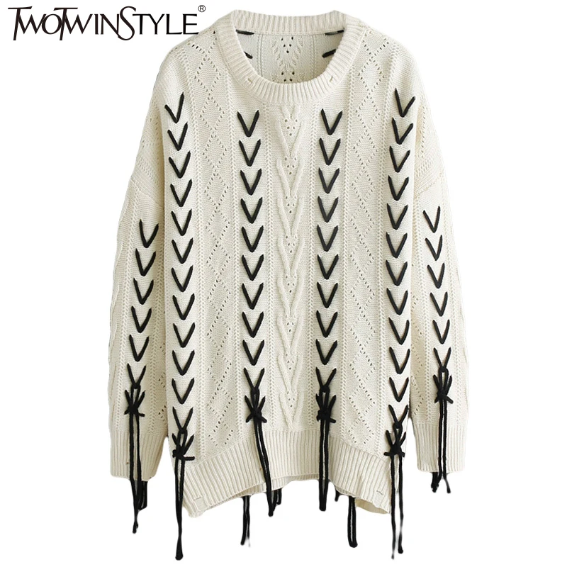 TWOTWINSTYLE Осень Зима Женский Ретро Круглый вырез белый свитер с длинным рукавом