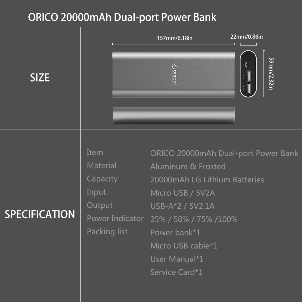 ORICO 20000mAh power Bank Dual 5V 2.1A USB порт внешняя батарея портативное зарядное устройство для