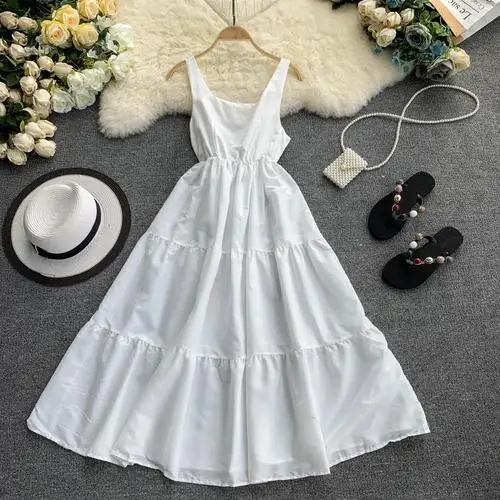 white Neploe, однотонное женское платье с открытой спиной, лето, новинка, квадратный воротник, Топики, Vestidos, тонкая талия, а-силуэт, платья, 44610 - Цвет: white