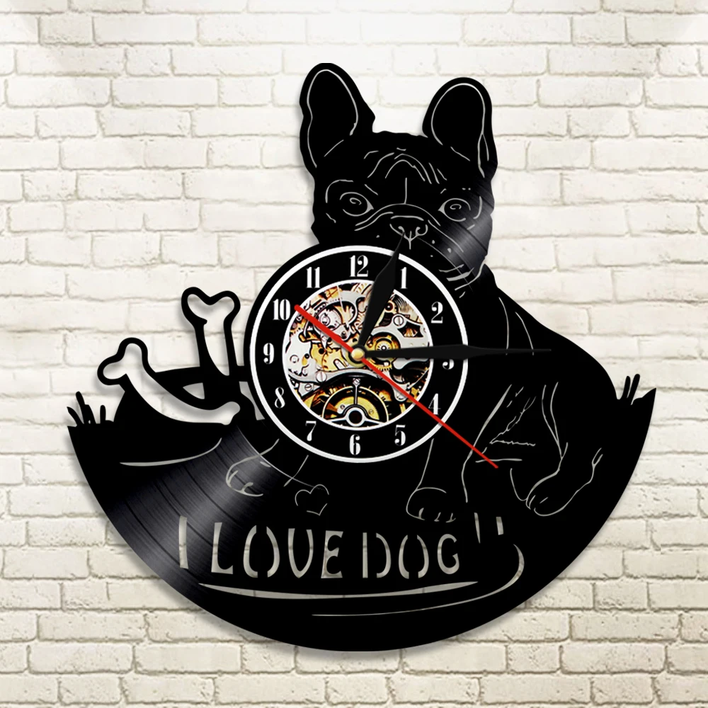 1 шт I Love Dog Французский бульдог дом животное виниловая запись настенные часы домашнее животное щенок животные настенные часы художественные часы подарок для украшения дома