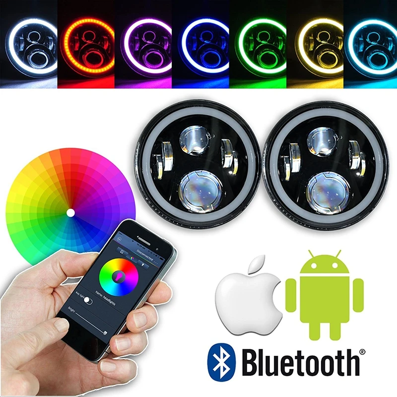 Пара 7 дюймов светодиодные фары RGB Halo Ангельские глазки Bluetooth Remote мигает для Jeep