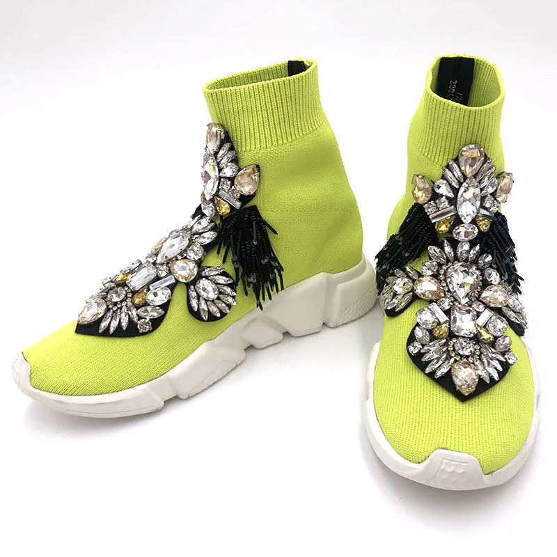 Желтая обувь; женские кроссовки; обувь со стразами; носки; кроссовки со стразами; модные кроссовки; женская обувь на плоской подошве; WK94