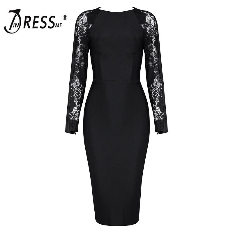 Женское кружевное платье миди INDRESSME однотонное облегающее с длинным рукавом и