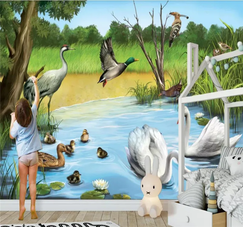 

Custom 3d wallpaper Nordic oil painting landscape Swan TV sofa wall decoration painting high quality waterproof material