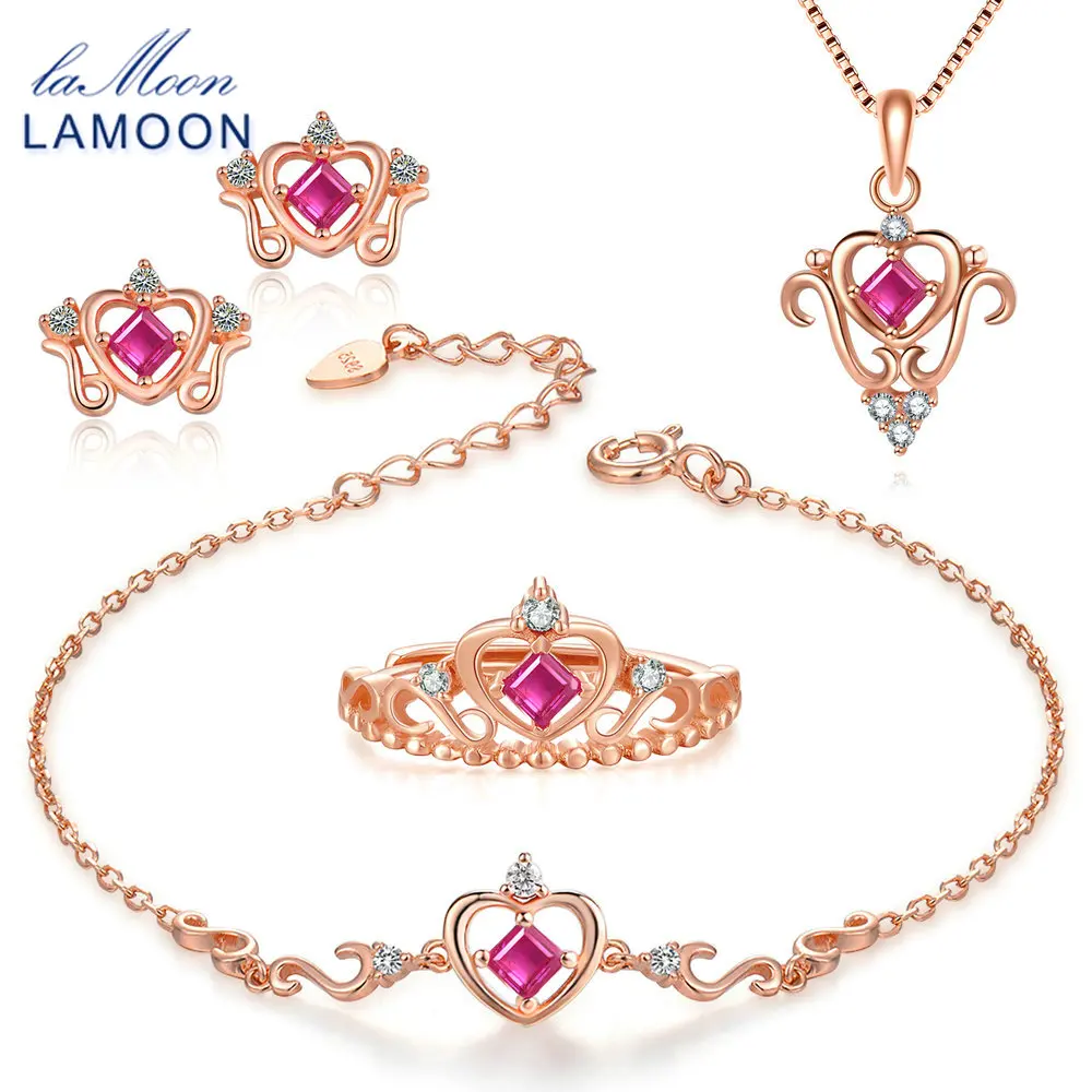 LAMOON Natural Ruby Jewelry Sets for Women 100% Real 925 Sterling Silver Red Gemstone Fine Wedding Gift V019-1 | Украшения и