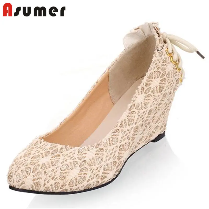 ASUMER/Популярные Модные кружевные туфли лодочки Женские летние на танкетке с