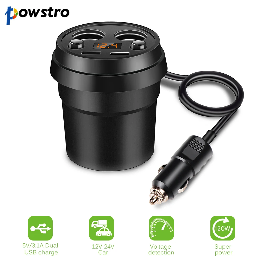 Powstro 3.1A двойной Переходник USB для зарядки в машине с 2 гнездами прикуривателя Автомобильный держатель чашки тип поддержка вольтметр отображение тока