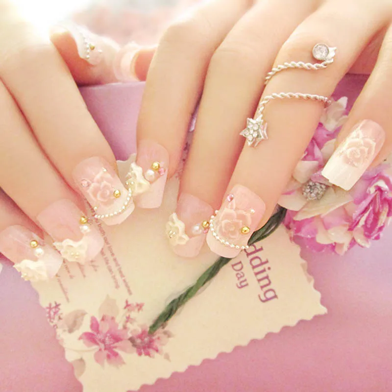 24 шт./компл. Полный накладные ногти с резиновыми полосками продается 3D цветы