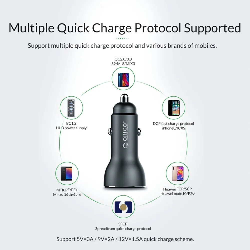 Устройство зарядное автомобильное ORICO QC3.0 с мини USB портом и двумя