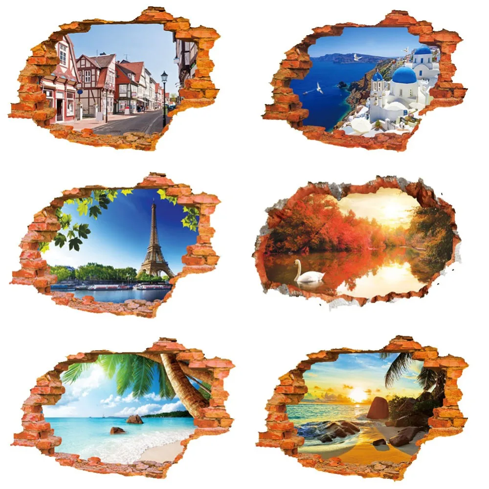 3D Пляж пейзаж кокосовой пальмы сломанной стены стикеры гостиная домашний декор