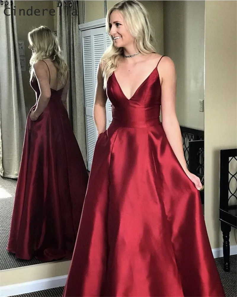 

Cinderella Dark Red V-Neck Spaghetti Straps A-Line Flooor Length Zipper Back Satin Evening Dresses vestidos de fiesta de noche