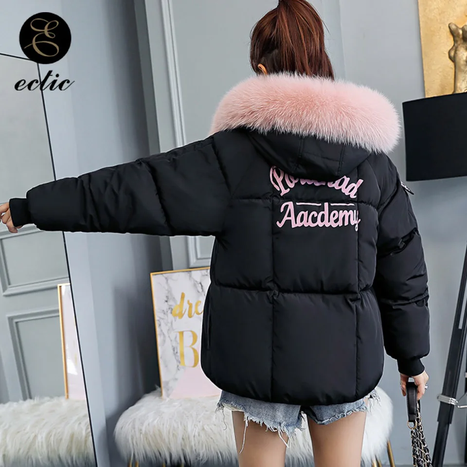 Parka With Real Fur Collar Abbigliamento Donna Inverno 2021 Warm Hooded Puffer Jacket Harajuku Letter Print  Pink Down Jacket