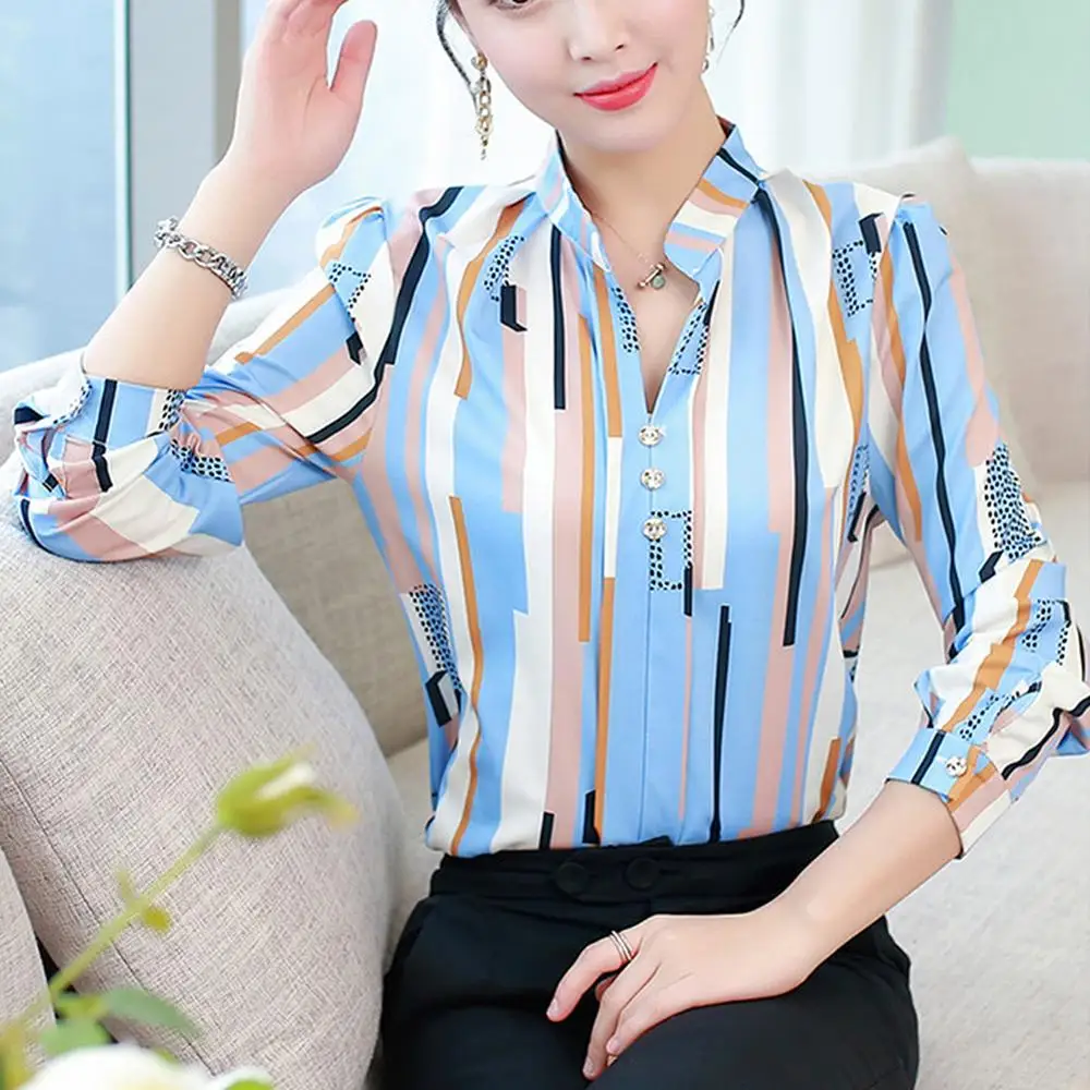 

Women Blouses 2019 Color Block Striped Shirt Elegant Office Lady Blouse Casual Long Sleeve Button Shirt Tops Chemise Femme