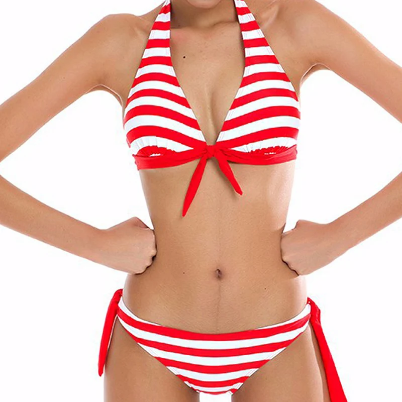 

Sexy Women Bikini Set Striped Swimsuit Swimwear Beachwear Bathing Suit Lace-up Ladies Bikini Set For Female