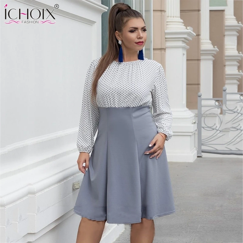 5XL 6XL осеннее элегантное женское платье большого размера в горошек лоскутное с