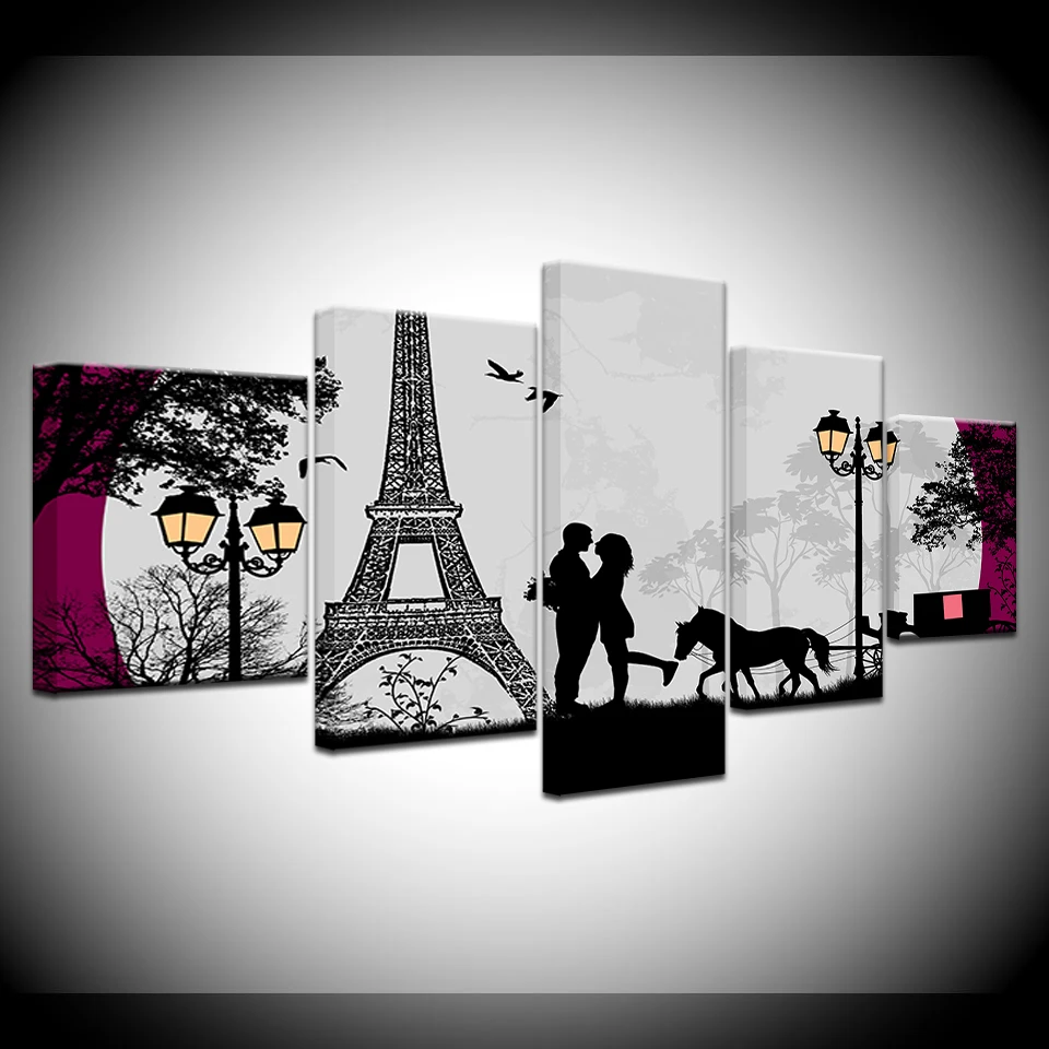 

Picture Decor Frame Wall Art Paintings 5 Pieces Lovers Embrace In The Paris Tower Sunrise HD Prints Poster Modular Canvas