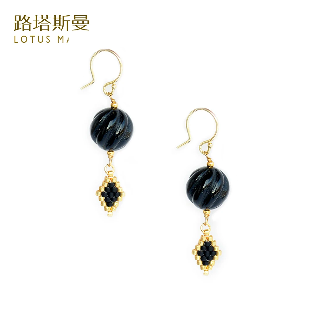 

Lotus MannBig black beads pumpkin gold-plated beads, 925 silver earrings