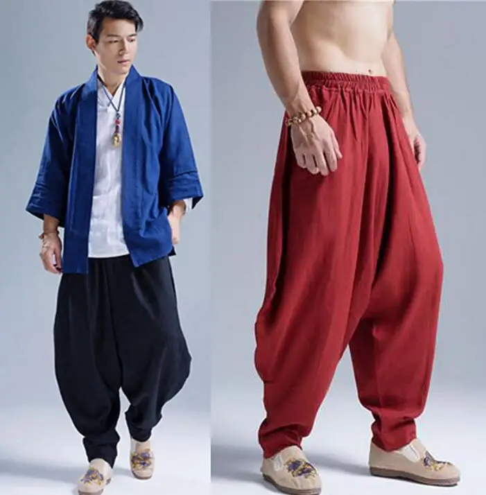 Chinese style personality flax trousers mens pants harem pant mens feet trousers fashion pantalon homme street novelty loose