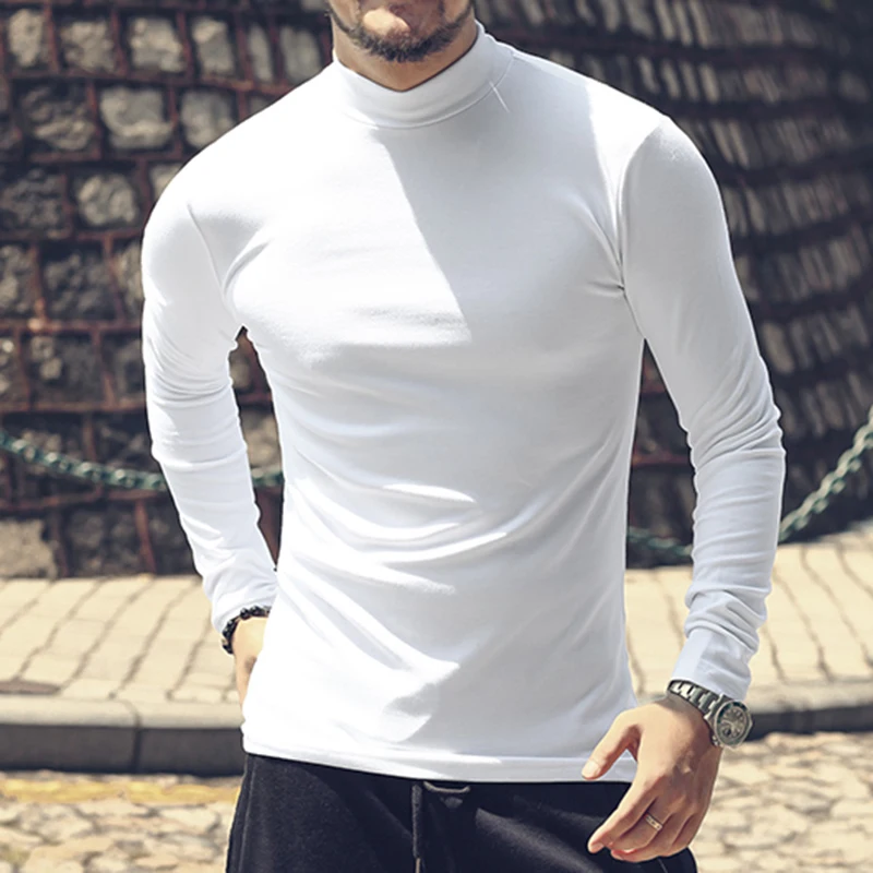 

Men New Winter Cotton Mercerized Cotton Elasticed Turtleneck Long Sleeve T-shirt Men's Solid European Style Casual Top Tees T915