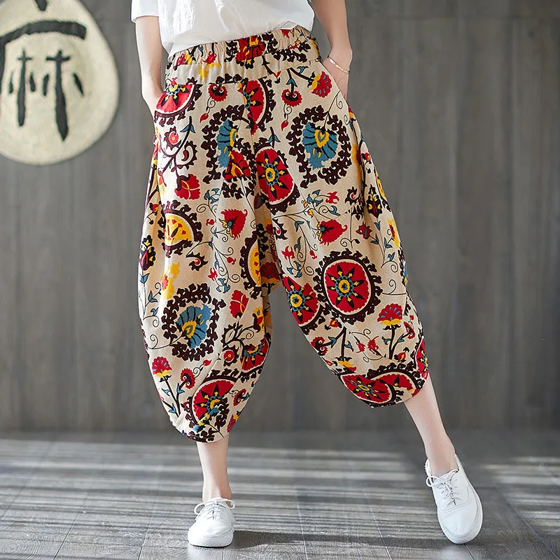 Брюки женские льняные широкие с цветочным принтом